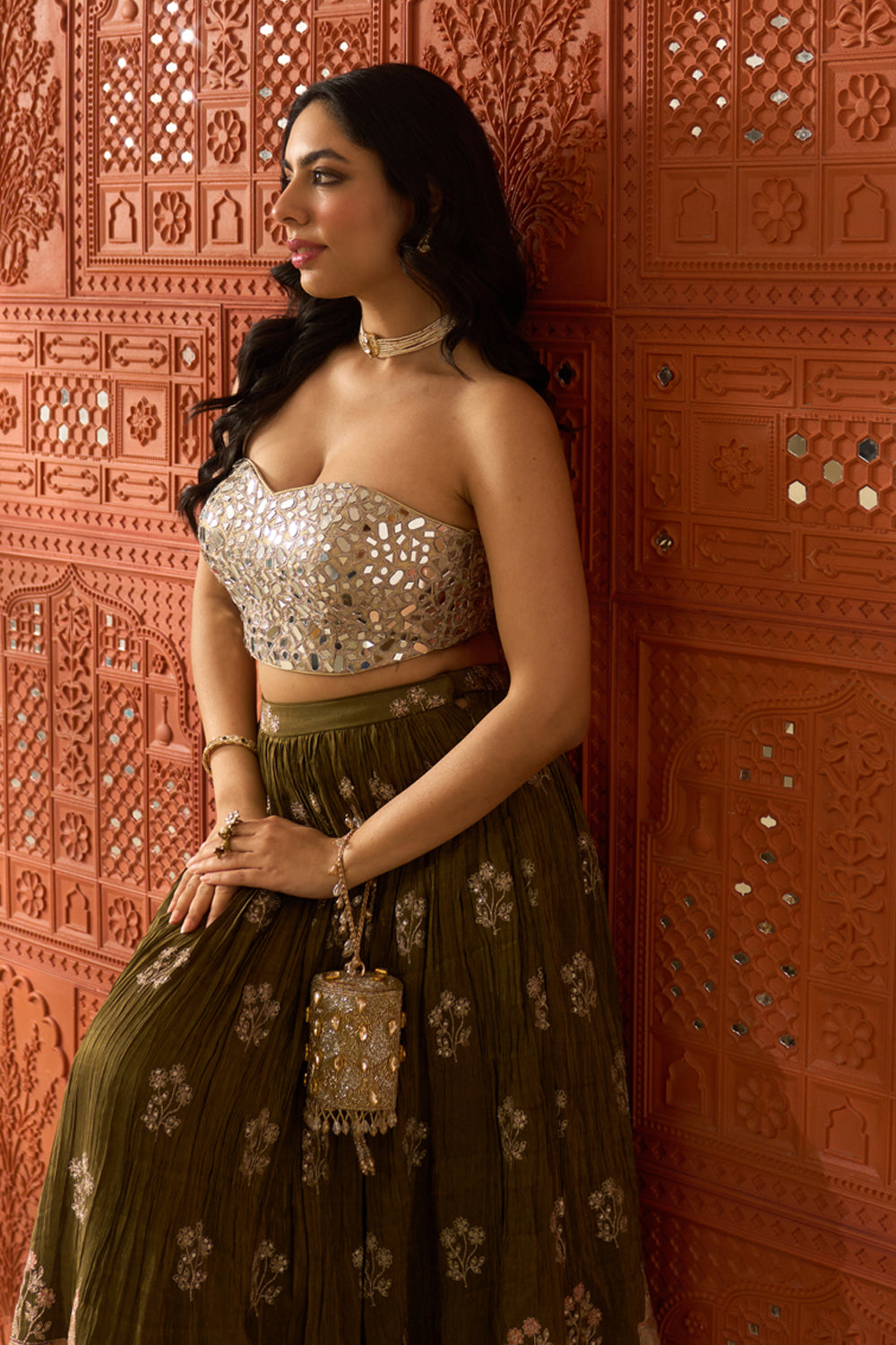 Sheesh Mahal Olive Skirt Set
