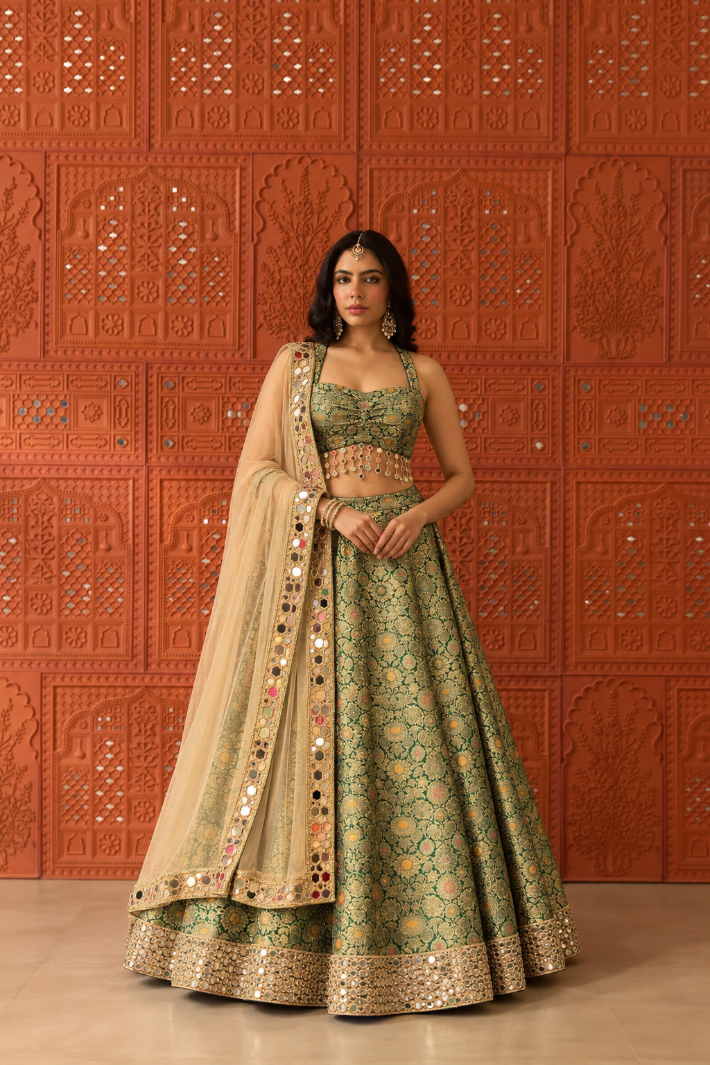 Mehrunisa Green Brocade Lehenga Set