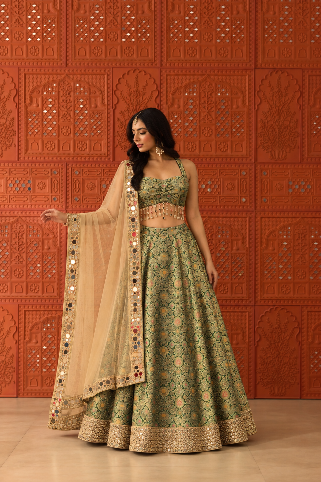 Mehrunisa Green Brocade Lehenga Set