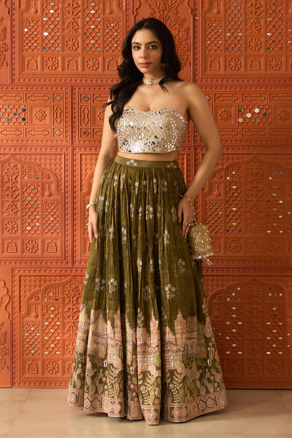 Sheesh Mahal Olive Skirt Set