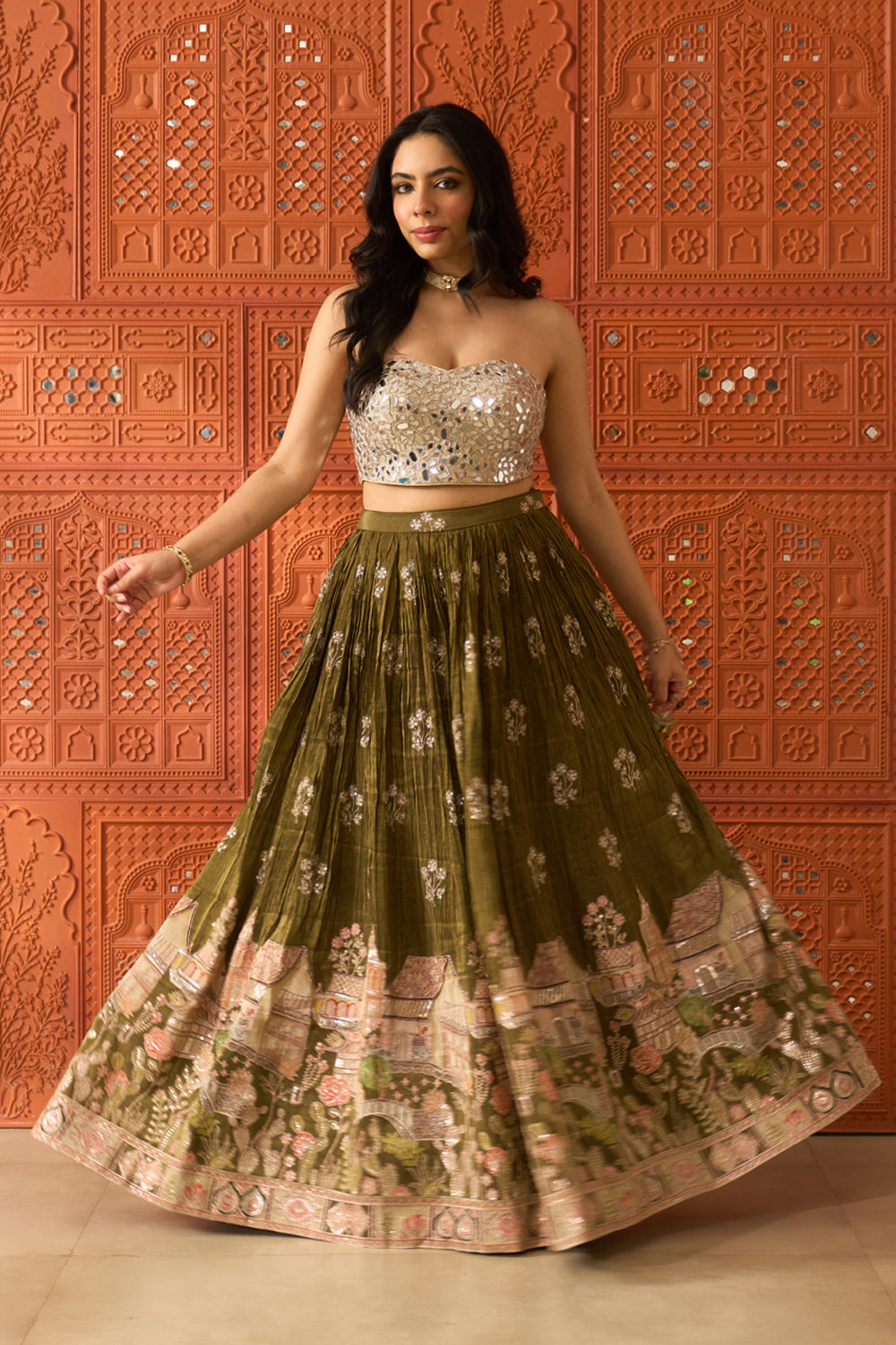 Sheesh Mahal Olive Skirt Set